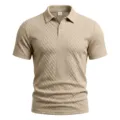Men short sleeve knit polo shirt casual slim fit textured lapel summer top solid color - S / Khaki
