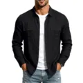 Herren Schwarzes Langarm Freizeithemd Casual Leinenoptik Shirt mit zwei Brusttaschen - S / Schwarz