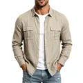 Freizeithemd Herren Khaki Leinen Langarmshirt, Klassisches Utility Freizeithemd Top. - S / Khaki
