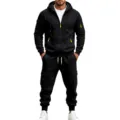Tuta sportiva felpata con cappuccio uomo nera giacca cargo e pantaloni tasche set - Taglia M / Parte Superiore e Parte Inferiore / Nero