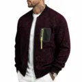 Detailed view of men's knit baseball collar jacket with contrast neon zipper pocket. - M / Tops / Burgundy