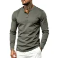 Men's retro long sleeve contrast Henley shirt casual slim fit ribbed knit top for fall - Army Green
