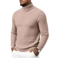Men Casual Turtleneck Cable Knit Slim Fit Long Sleeve Sweater in Light Pink Color - M / Light Khaki