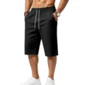 Men's casual linen texture knit cropped shorts with elastic drawstring waist for summer daily wear. - S / Black