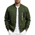 Men's knit bomber jacket detail showing zip chest pocket and ribbed collar for autumn style. - M / Army Green