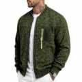 Close-up of men's knitted bomber jacket with zipper pocket and neon yellow pull detail. - M / Tops / Army Green
