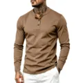 Men's brown ribbed long-sleeve Henley shirt with contrast buttons for casual daily wear. - Tan