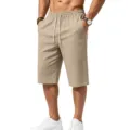 Detailed view of men casual linen-textured cropped shorts with elastic drawstring waist. - S / Khaki