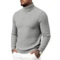 Men's Grey Turtleneck Cable Knit Slim Fit Long Sleeve Casual Pullover Sweater Variant - M / Light Gray