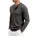 Herren dunkelgraues langärmliges Waffelstrick Henley-Shirt lässiges Baumwoll-Oberteil neu - S / Grau