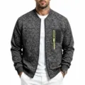 Men's knit bomber jacket featuring grey marl fabric, neon green chest pocket and ribbed trim. - M / Space Gray