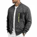 Close-up view of the knit bomber jacket showing contrast neon zipper chest pocket detail. - Dark Gray