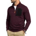 Men's quarter-zip fleece pullover sweatshirt with chest pocket, thermal tactical casual style. - M / Tops / Wine Red