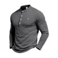 Atmungsaktives Langarm-Henley-Shirt für Herren in dunklem Grau mit Stehkragen und Knöpfen. - S / Dunkelgrau