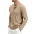 Herren Langarm Waffle Strick Henley Shirt Lässiges Einfarbiges Oberteil für Herren - Khaki