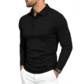 Ανδρικό μακρυμάνικο πόλο waffle casual vintage business slim fit κομψό ενδύμα top. - S / Μαύρο