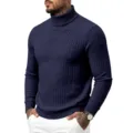 Herren Dunkelblau Rollkragen Zopfmuster Pullover Slim Fit Langarm Freizeit Strickware - Marineblau