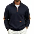 Close-up detail of mens half-zip waffle sweatshirt with elbow patches and textured fabric. - S / Tops / Navy Blue