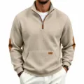 Details of men's casual half-zip quilted stand-up collar sweatshirt with elbow patches. - S / Tops / Khaki
