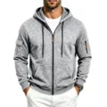 Men's casual zip-up hoodie detail showcasing tactical sleeve pockets and comfortable fit. - S / Tops / Light Gray