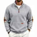 Men's casual half-zip stand collar sweatshirt with waffle knit texture and brown elbow patches. - Light Gray