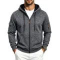 Men's fleece lined full zip hooded sweatshirt, dark grey marl cargo style hoodie detail. - Dark Gray