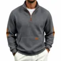 Men's half-zip waffle sweatshirt casual stand collar pullover with elbow patches. - Dark Gray
