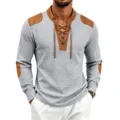 Men's waffle knit long sleeve shirt with brown patch details, lace-up V-neck and casual style. - S / Light Gray