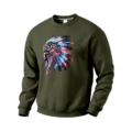 Men thermal crewneck sweatshirt army green cyberpunk Indian chief graphic streetwear top - S / Army Green