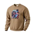 Men's fleece crewneck sweatshirt featuring cyber Indian graphic print for stylish casual autumn wear. - S / Camel