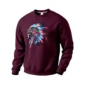 Men's burgundy crewneck sweatshirt featuring a cool cyberpunk Indian chief graphic print. - S / Burgundy