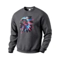 Men fleece crewneck sweatshirt American retro high street hip hop Indian graphic top - Dark Gray
