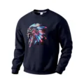 Dark blue men's crewneck sweatshirt featuring cyberpunk Native American chief graphic. - Navy Blue