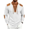 Men's vintage waffle knit long sleeve henley shirt featuring brown patches and lace-up. - S / White