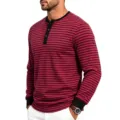 Camisa Henley de manga larga a rayas para hombre con botones, estilo retro casual otoño invierno. - S / Tops / Rojo
