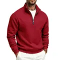 Sudadera de hombre con cuello alto y media cremallera de felpa roja, estilo casual de invierno. - Rojo