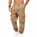 Pantaloni Cargo Felpati da Uomo cachi Casual Tasche Multiple con Coulisse Regolabile - Cammello