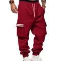 Mens fleece lined cargo sweatpants casual winter thermal joggers with pockets dark red - Red