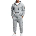Herren Freizeit Fleece Kapuzenpullover Cargo Hose Trainingsanzug Herbst Sport Outfit - M / Oberteil und Unterteil / Hellgrau