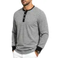 Vista detallada de la camisa Henley de manga larga para hombre a rayas cómoda y casual. - S / Tops / Gris claro