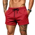 Men's red mesh athletic fitness shorts, breathable running beach swimwear shorts detail. - S / Bright Red
