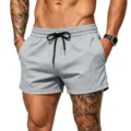Men's breathable mesh athletic shorts with black drawstring and pockets for beach and gym. - Light Gray