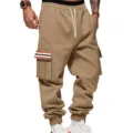 Men's Khaki Fleece Lined Cargo Sweatpants Casual Joggers with Pockets and Drawstring - Camel