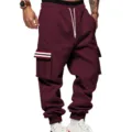 Men's fleece-lined cargo sweatpants casual winter outdoor thick warm athletic pants - Burgundy