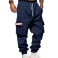 Men's fleece cargo sweatpants in dark blue, warm winter casual athletic trousers with pockets. - Navy Blue