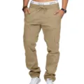 Mens khaki cargo pants with multiple pockets casual streetwear outdoor trousers - S / Khaki