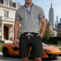 Herren Sommer lässiges Schnür-Henley-T-Shirt und Shorts Set mit Paisley-Besatz Details. - S / Oberteil und Unterteil / Graues Oberteil Schwarze Hose