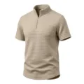 Ανδρικό casual χακί καρό jacquard κοντομάνικο t-shirt με μισό φερμουάρ και όρθιο γιακά. - S / Tops / Χακί