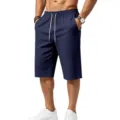 Men's casual linen-texture knee-length shorts with drawstring waist, dark blue summer beach wear. - Navy Blue