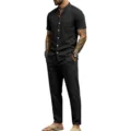 Stylish Men's Casual Linen Henley Shirt and Long Pants Two Piece Set for Summer - S / Set / Black
